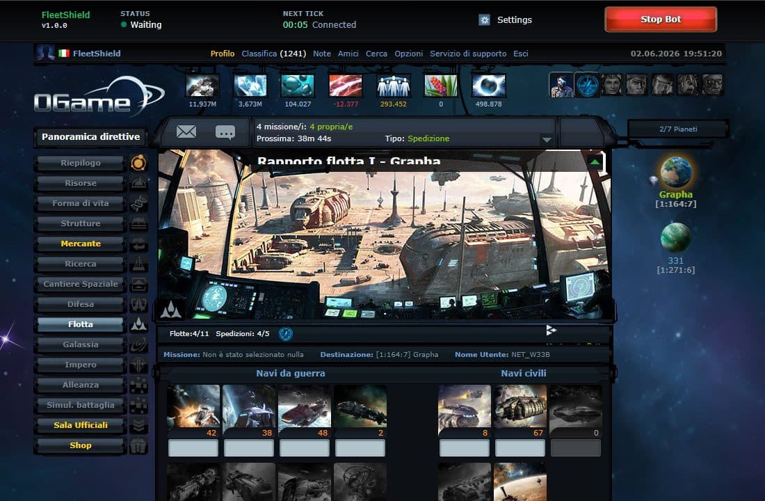 Fleet Shield control panel inside OGame during an automatic fleet save